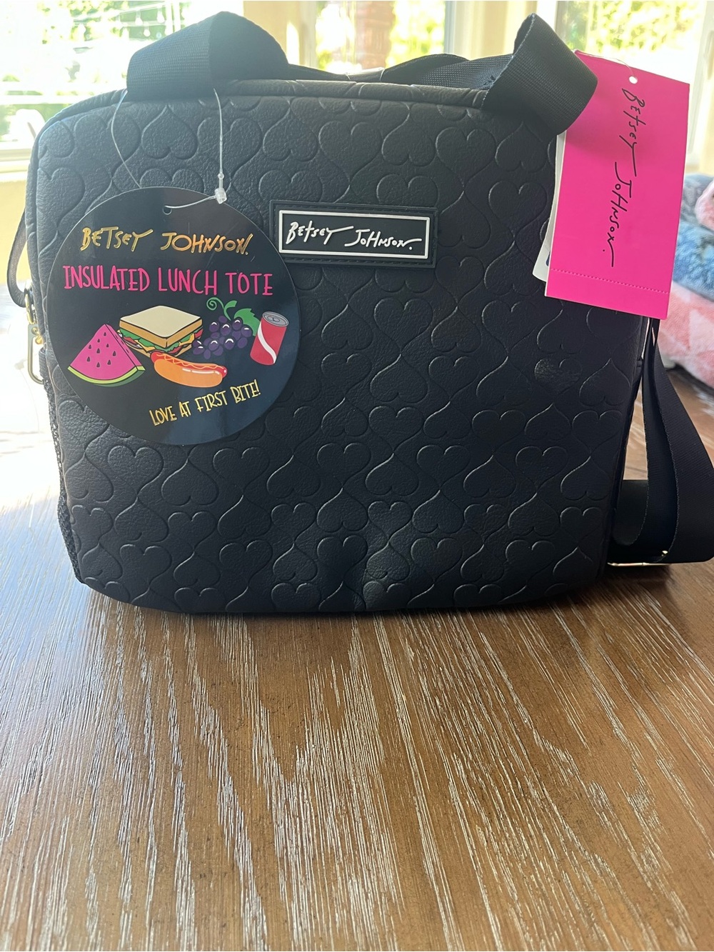 Betsey Johnson Black Quilted Heart Insulated Lunch Tote Bag